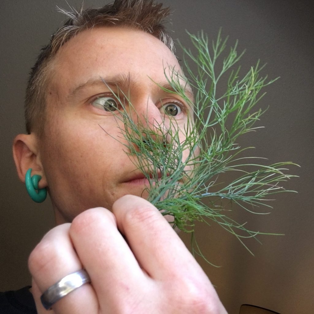 Christopher examining dill sprigs.